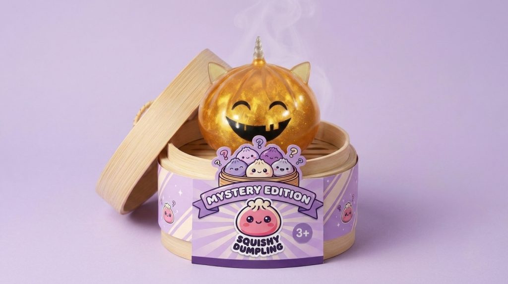 Horned Unicorn Mystery Halloween Dumpling Squishy in its bamboo steamer box