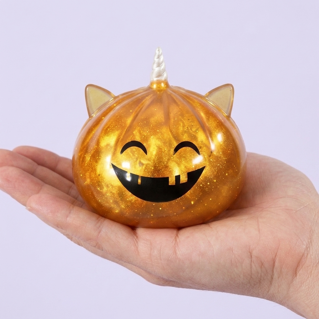 Horned Unicorn Mystery Halloween Dumpling Squishy held in hand, actual size