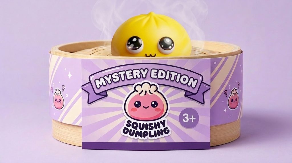 Big Eyes Dumpling Squishy Mystery Pop in its bamboo steamer box