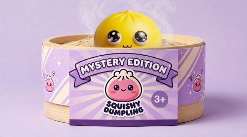Big Eyes Dumpling Squishy Mystery Pop in its bamboo steamer box