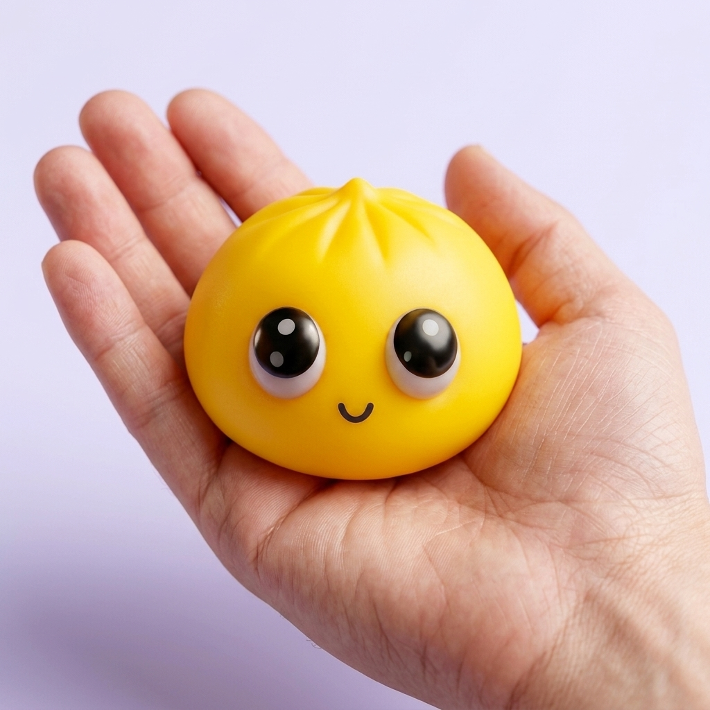 Big Eyes Dumpling Squishy Mystery Pop held in hand, actual size