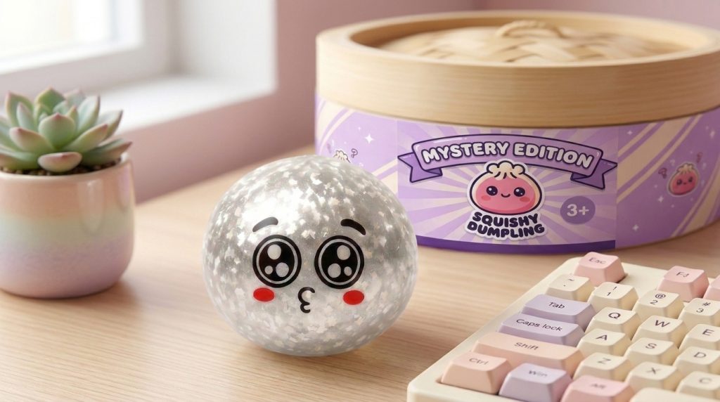 Puppy Eyed Mystery Dumpling Squishy in its kawaii setting