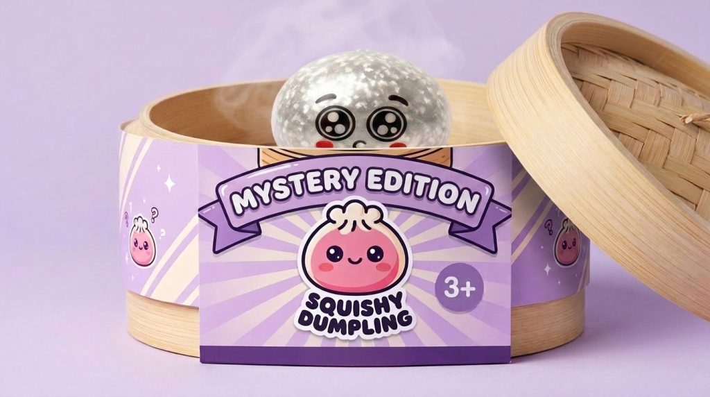 Puppy Eyed Mystery Dumpling Squishy in its bamboo steamer box