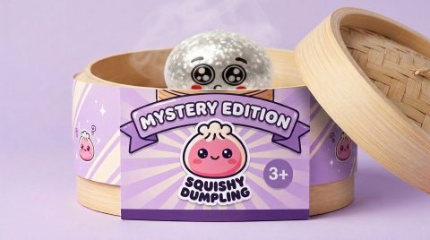 Puppy Eyed Mystery Dumpling Squishy in its bamboo steamer box