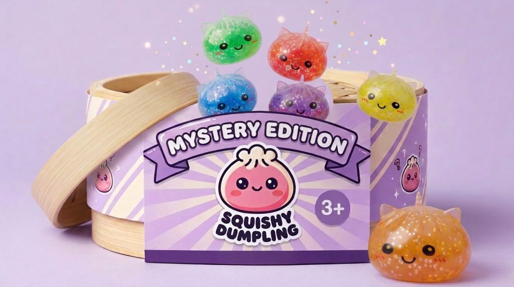 Unicorn Mystery Glitter Dumpling Squishy being squeezed, soft slow-rise foam