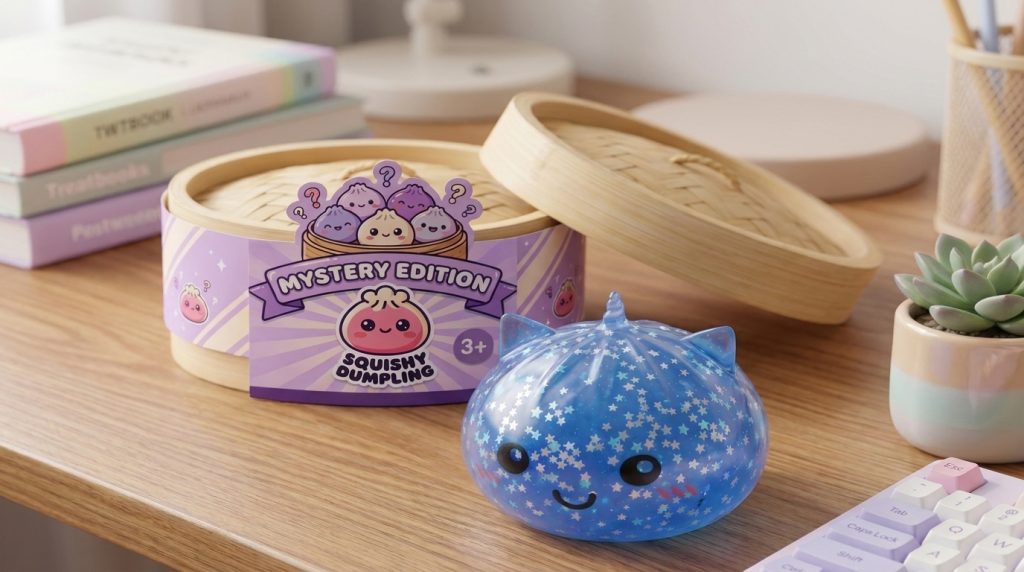Unicorn Mystery Glitter Dumpling Squishy in its kawaii setting