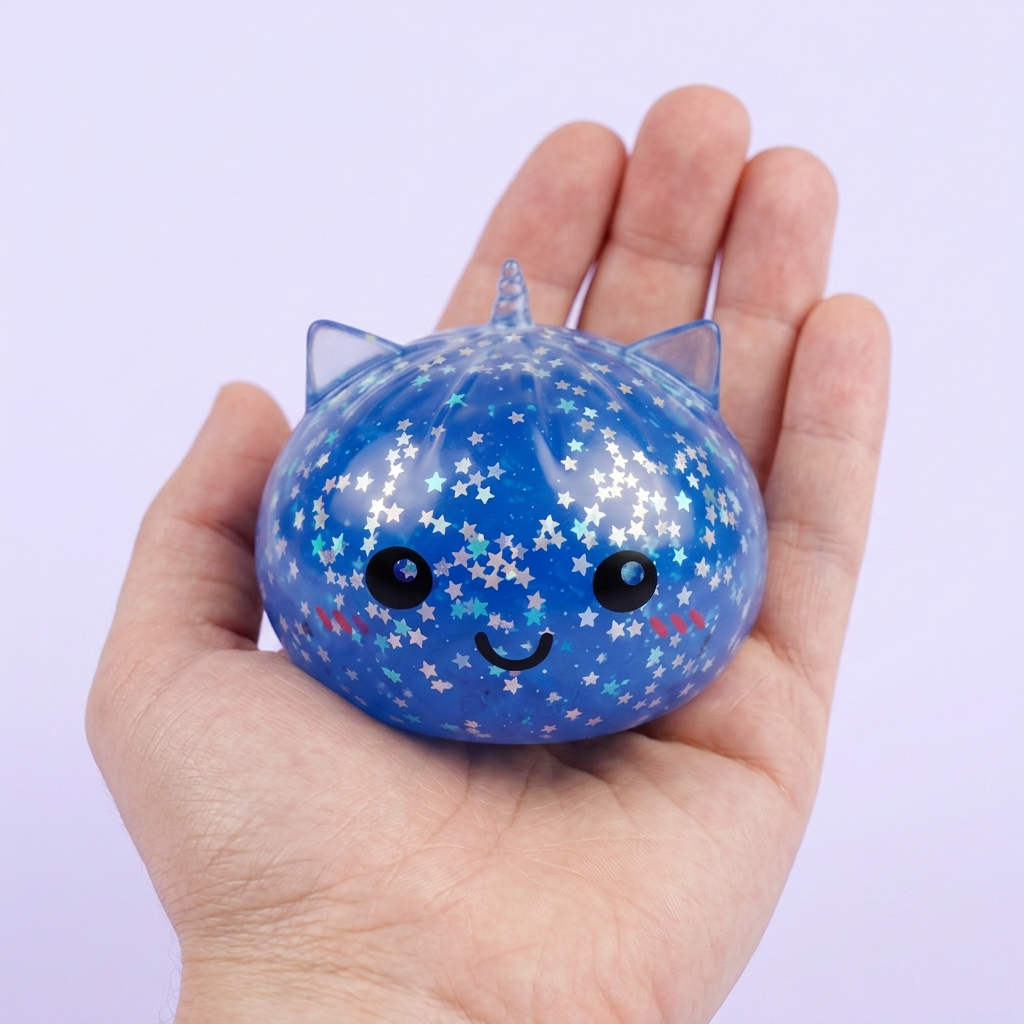 Unicorn Mystery Glitter Dumpling Squishy held in hand, actual size