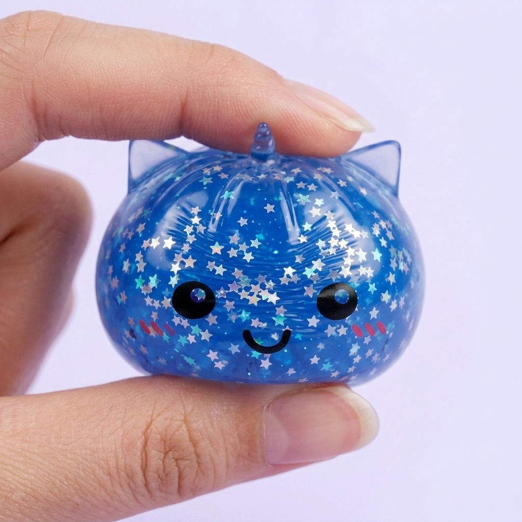 Unicorn Mystery Glitter Dumpling Squishy being squeezed, soft slow-rise foam