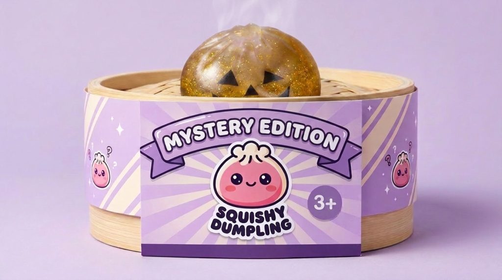 Crimson Vampire Mystery Dumpling Squishy in its bamboo steamer box