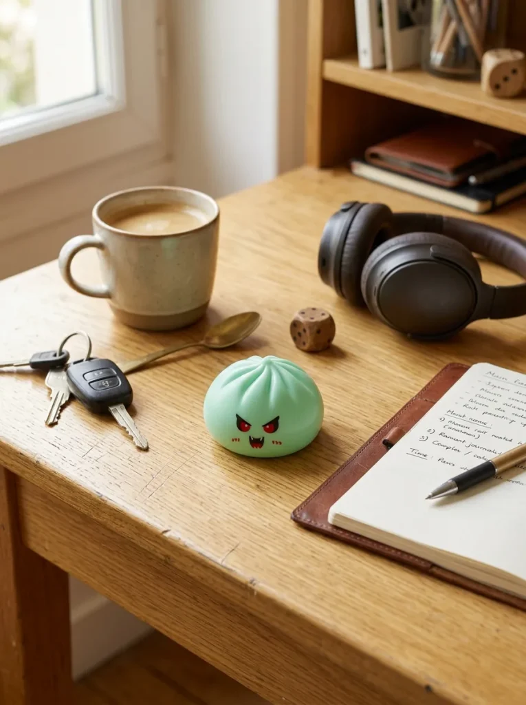 Crimson Vampire Mystery Dumpling Squishy on the desk