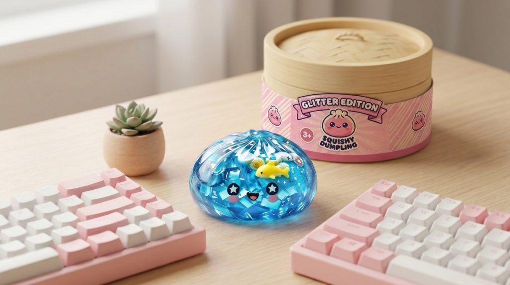 Coral Reef Ocean Glitter Dumpling Squishy in its kawaii setting