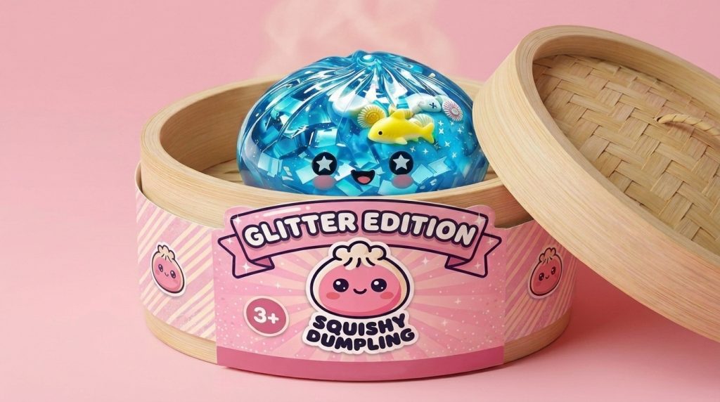 Coral Reef Ocean Glitter Dumpling Squishy in its bamboo steamer box