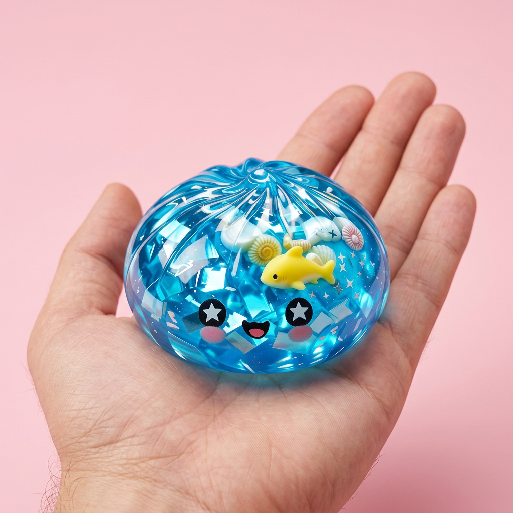 Coral Reef Ocean Glitter Dumpling Squishy held in hand, actual size