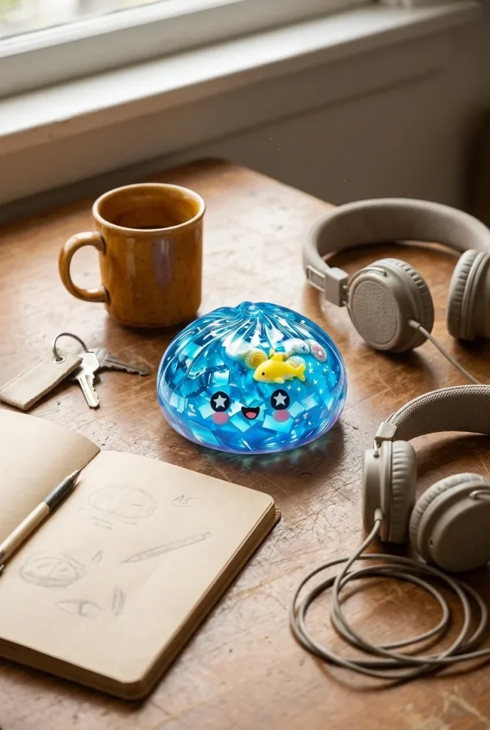 Coral Reef Ocean Glitter Dumpling Squishy on the desk