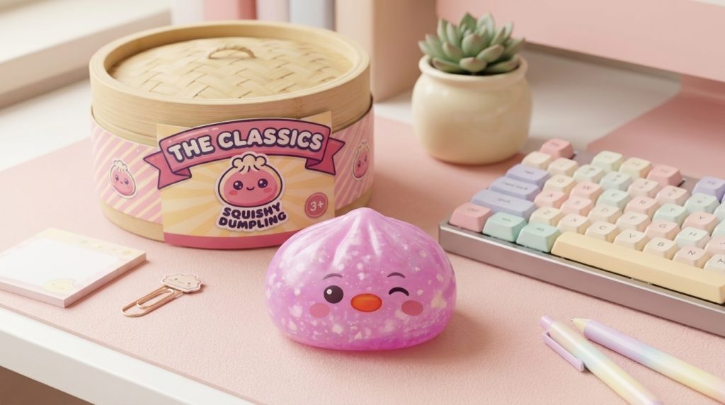Candy Pink Penguin Dumpling Squishy in its kawaii setting