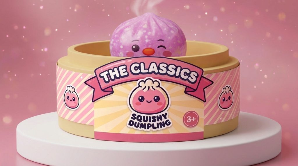Candy Pink Penguin Dumpling Squishy in its bamboo steamer box