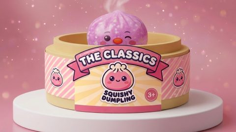 Candy Pink Penguin Dumpling Squishy in its bamboo steamer box
