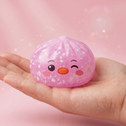Candy Pink Penguin Dumpling Squishy held in hand, actual size