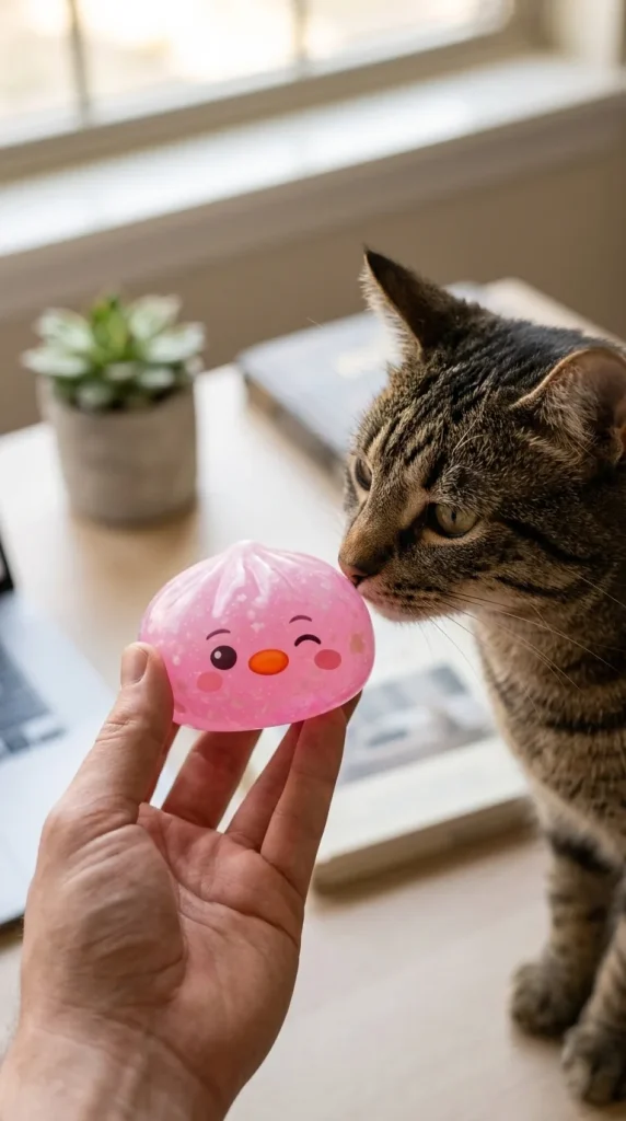 Candy Pink Penguin Dumpling Squishy with a plush friend