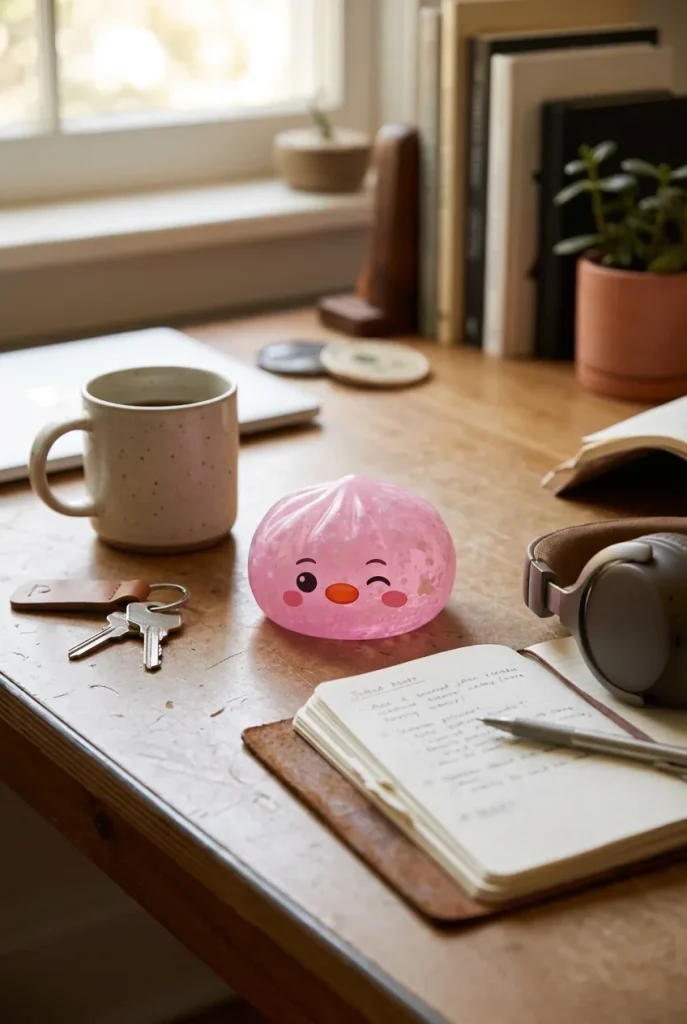 Candy Pink Penguin Dumpling Squishy on the desk