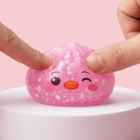 Candy Pink Penguin Dumpling Squishy being squeezed, soft slow-rise foam