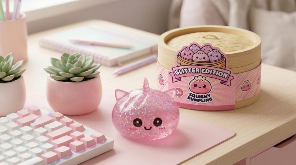 Pink Glitter Unicorn Dumpling Squishy in its kawaii setting
