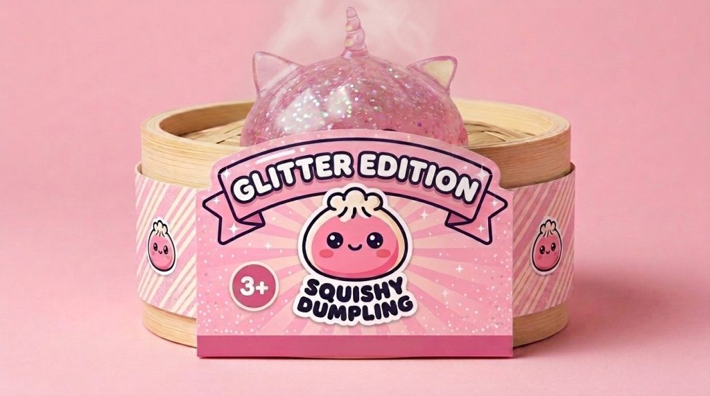 Pink Glitter Unicorn Dumpling Squishy in its bamboo steamer box