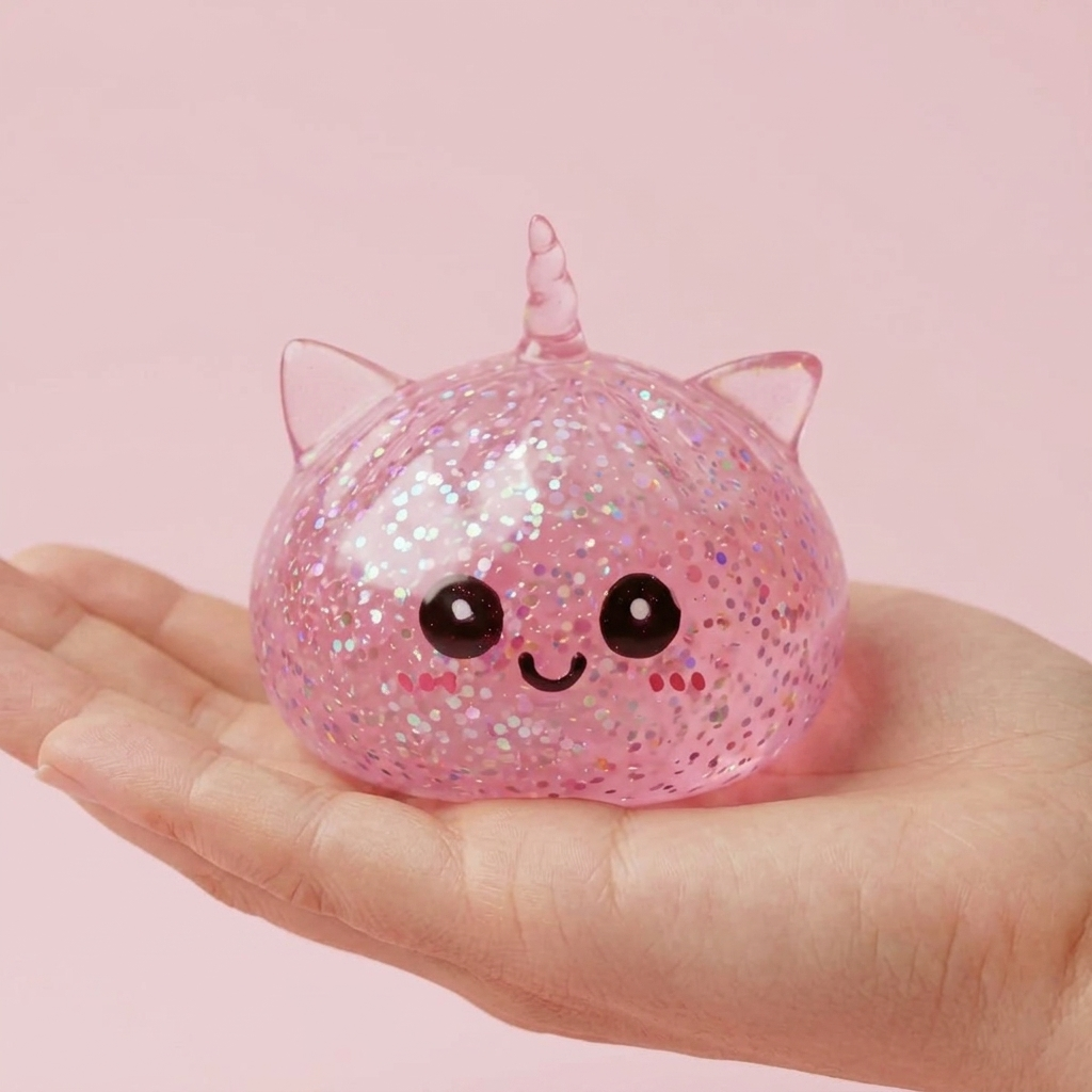 Pink Glitter Unicorn Dumpling Squishy held in hand, actual size