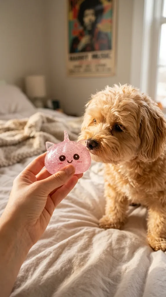 Pink Glitter Unicorn Dumpling Squishy with a plush friend