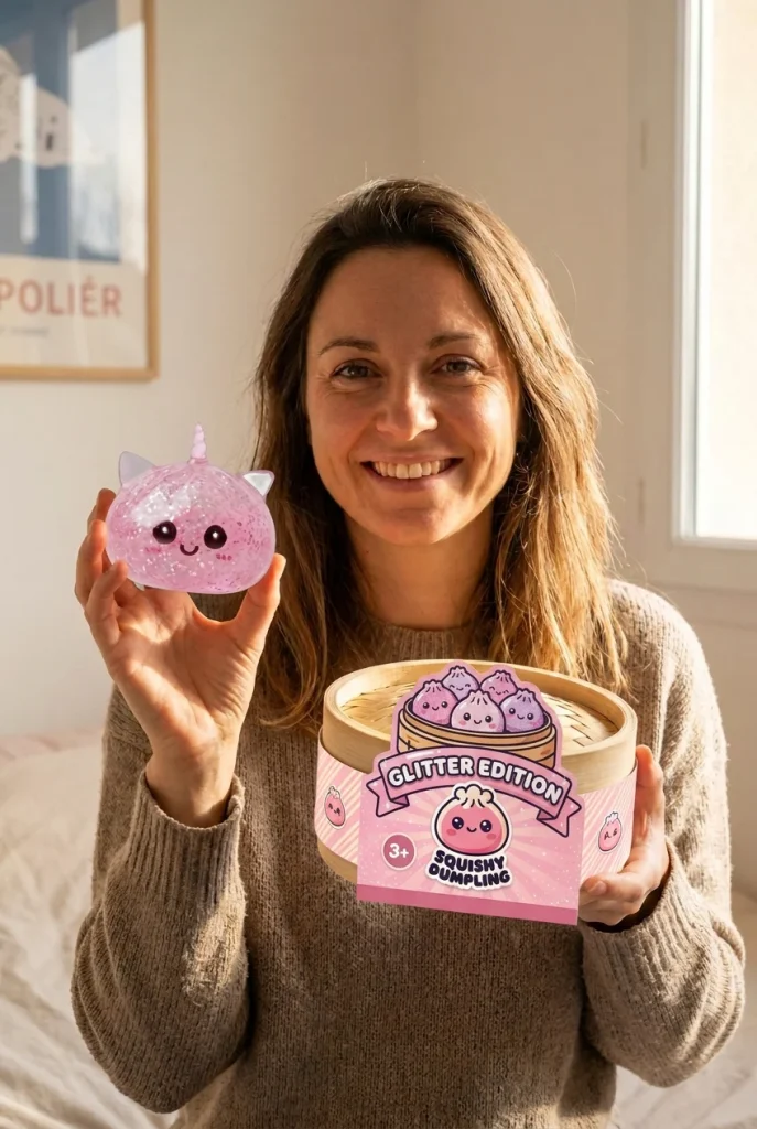 Pink Glitter Unicorn Dumpling Squishy with its box