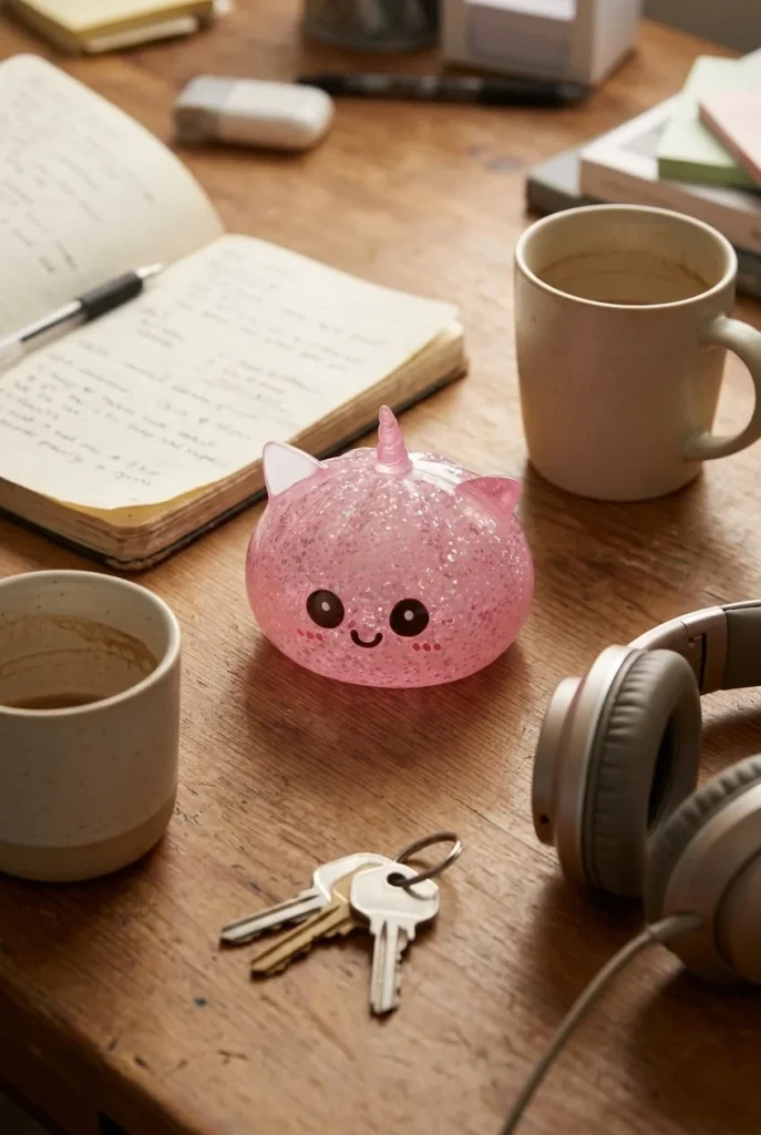 Pink Glitter Unicorn Dumpling Squishy on the desk