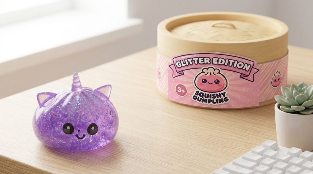 Purple Unicorn Glitter Dumpling Squishy in its kawaii setting