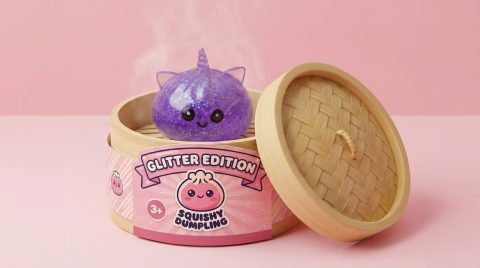 Purple Unicorn Glitter Dumpling Squishy in its bamboo steamer box