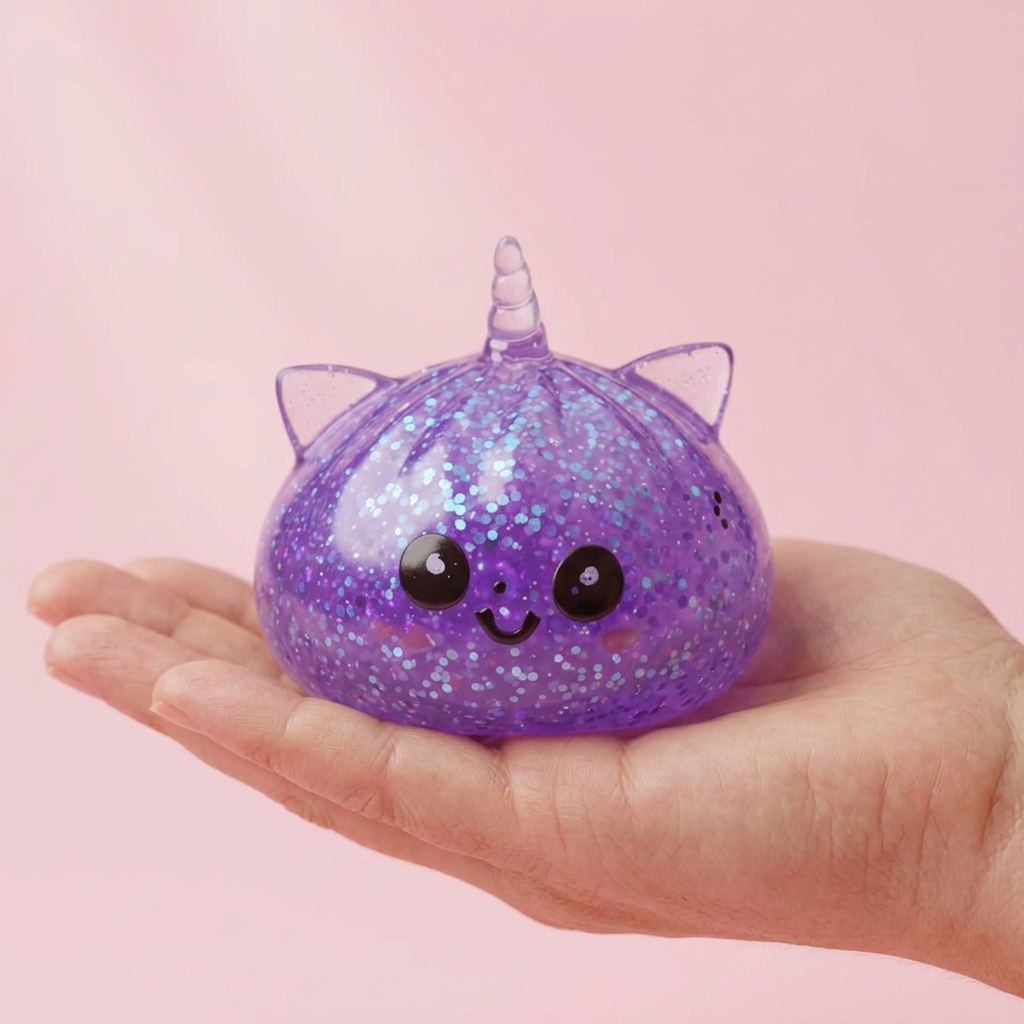 Purple Unicorn Glitter Dumpling Squishy held in hand, actual size