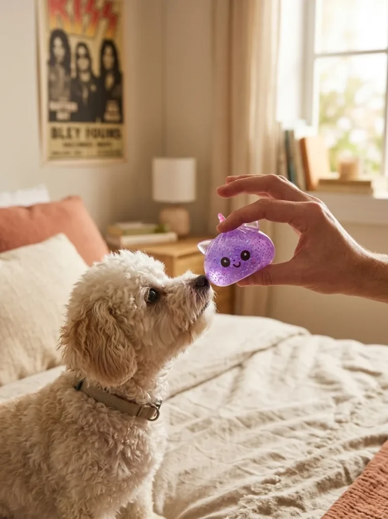 Purple Unicorn Glitter Dumpling Squishy with a plush friend