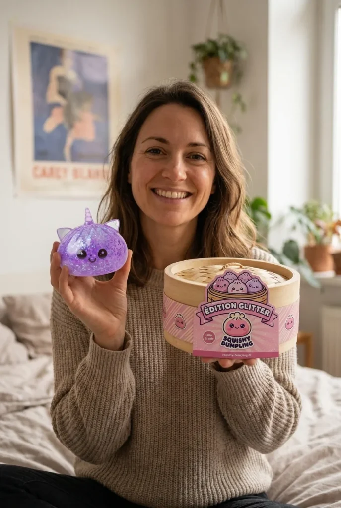 Purple Unicorn Glitter Dumpling Squishy with its box