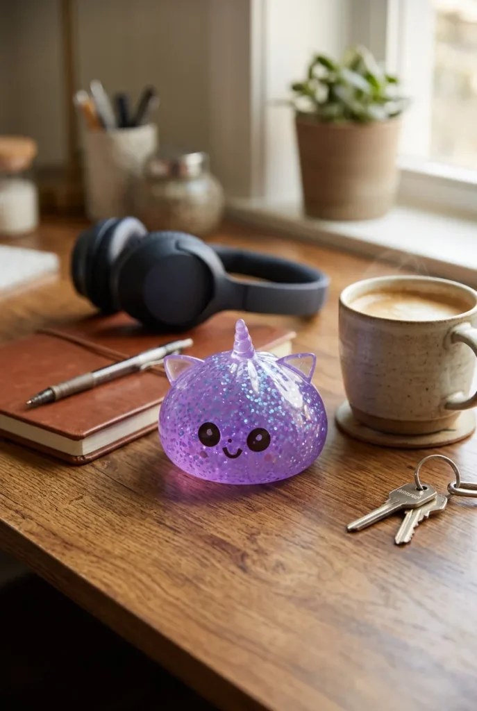 Purple Unicorn Glitter Dumpling Squishy on the desk