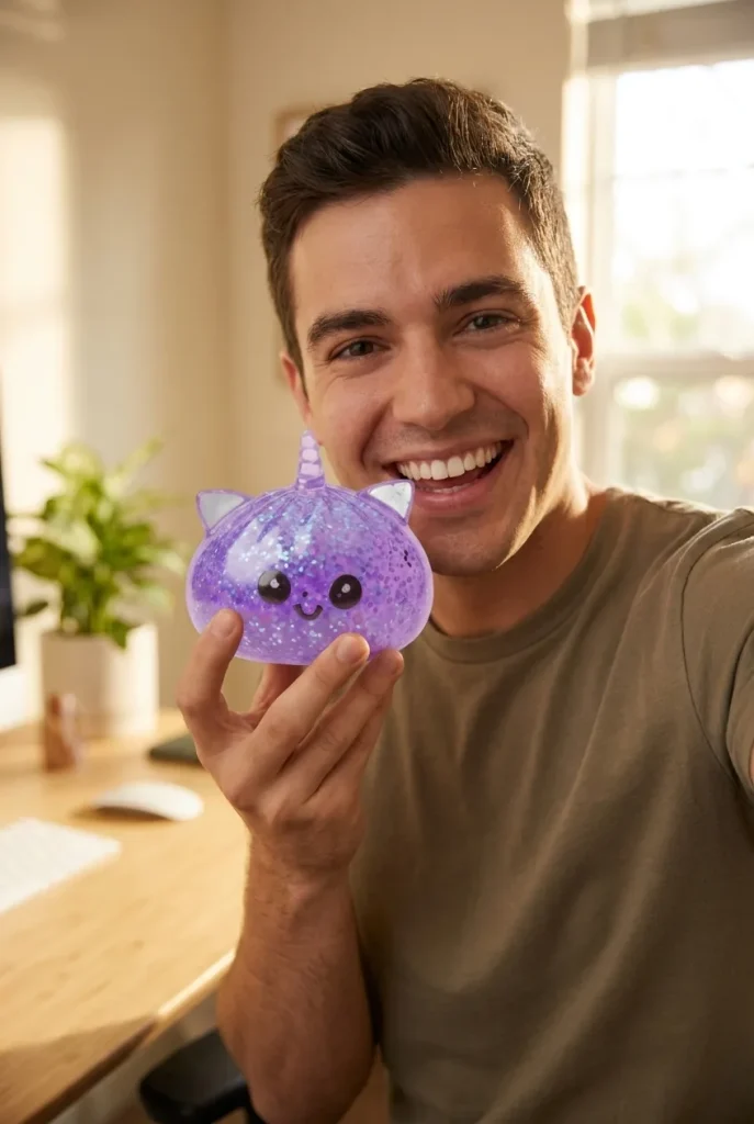 Purple Unicorn Glitter Dumpling Squishy in everyday life