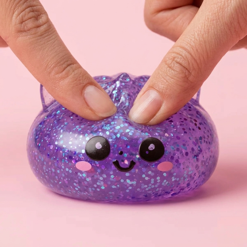 Purple Unicorn Glitter Dumpling Squishy being squeezed, soft slow-rise foam