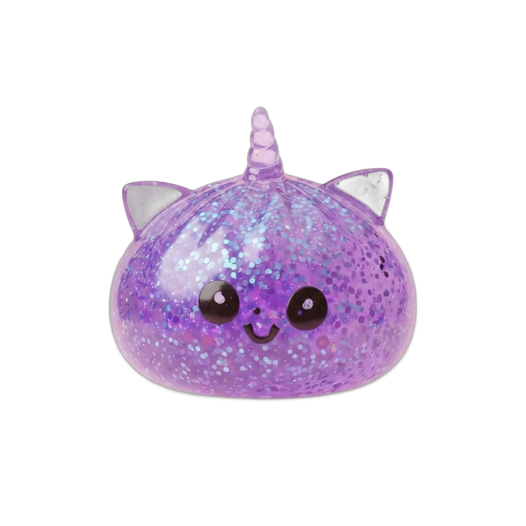 Purple Unicorn Glitter Dumpling Squishy being squeezed, soft slow-rise foam