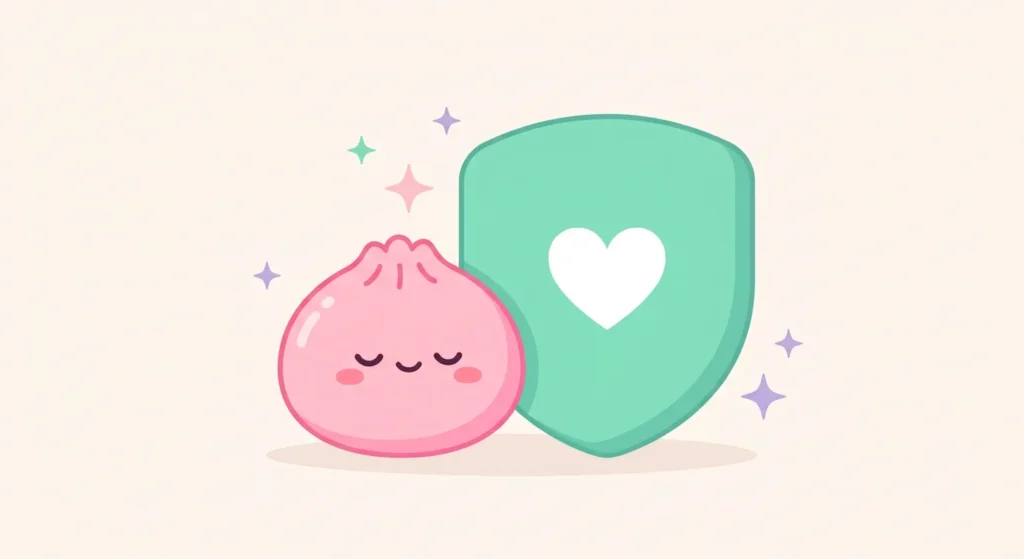Kawaii illustration of a pink squishy dumpling next to a mint green shield with a heart
