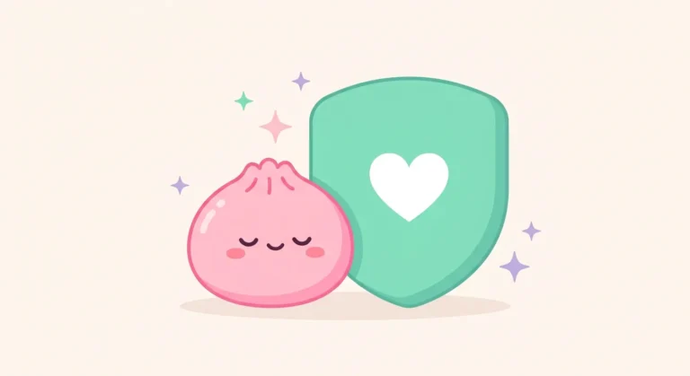 Kawaii illustration of a pink squishy dumpling next to a mint green shield with a heart
