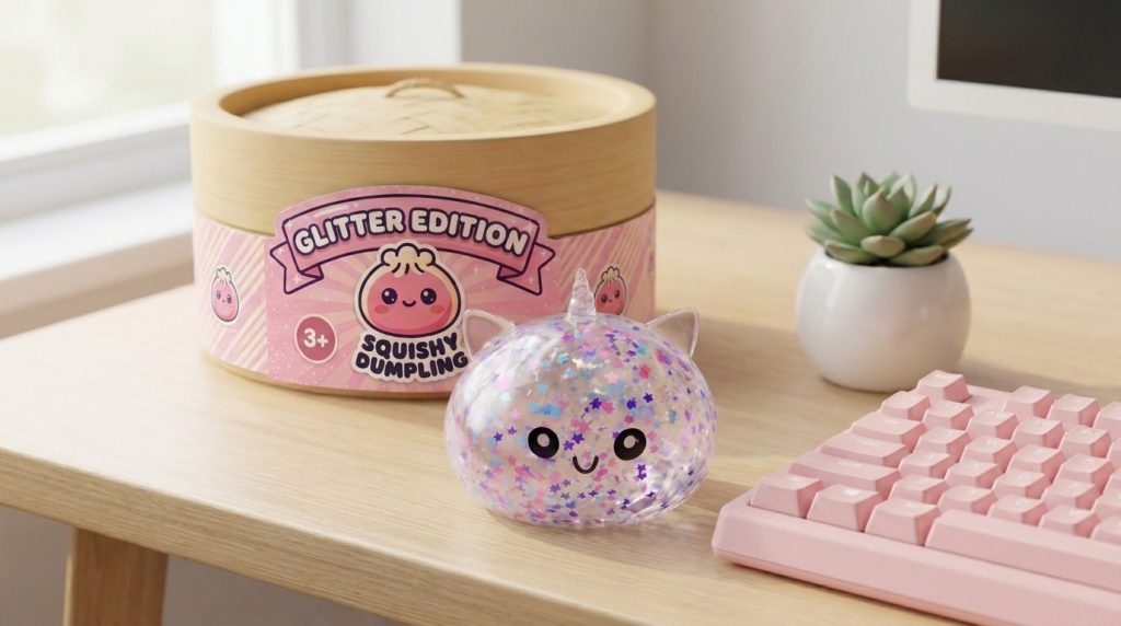 White Unicorn Sparkle Dumpling Squishy in its kawaii setting