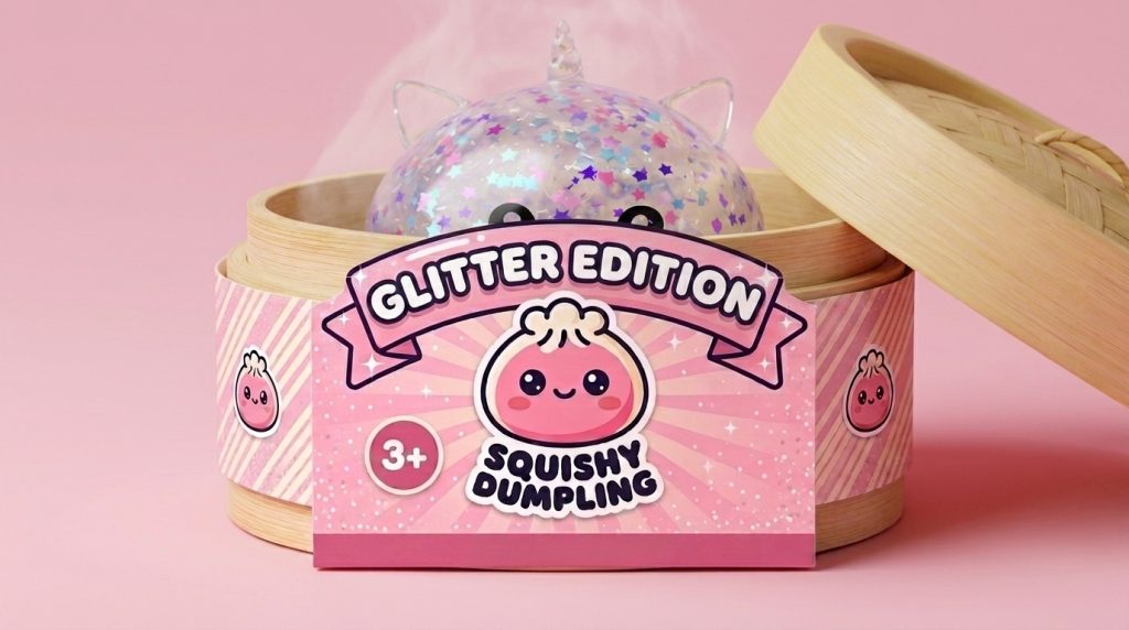 White Unicorn Sparkle Dumpling Squishy in its bamboo steamer box