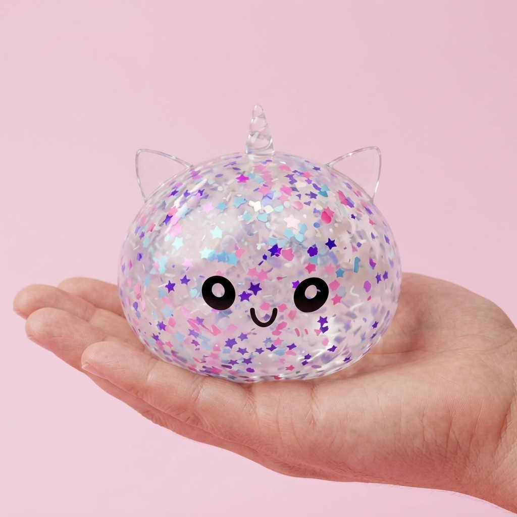 White Unicorn Sparkle Dumpling Squishy held in hand, actual size