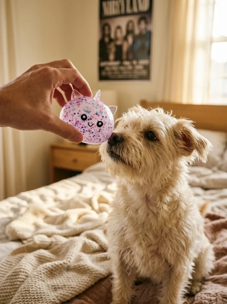 White Unicorn Sparkle Dumpling Squishy with a plush friend