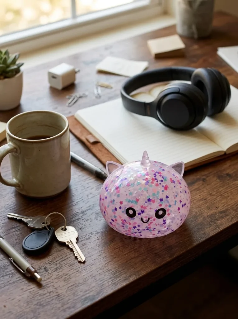 White Unicorn Sparkle Dumpling Squishy on the desk