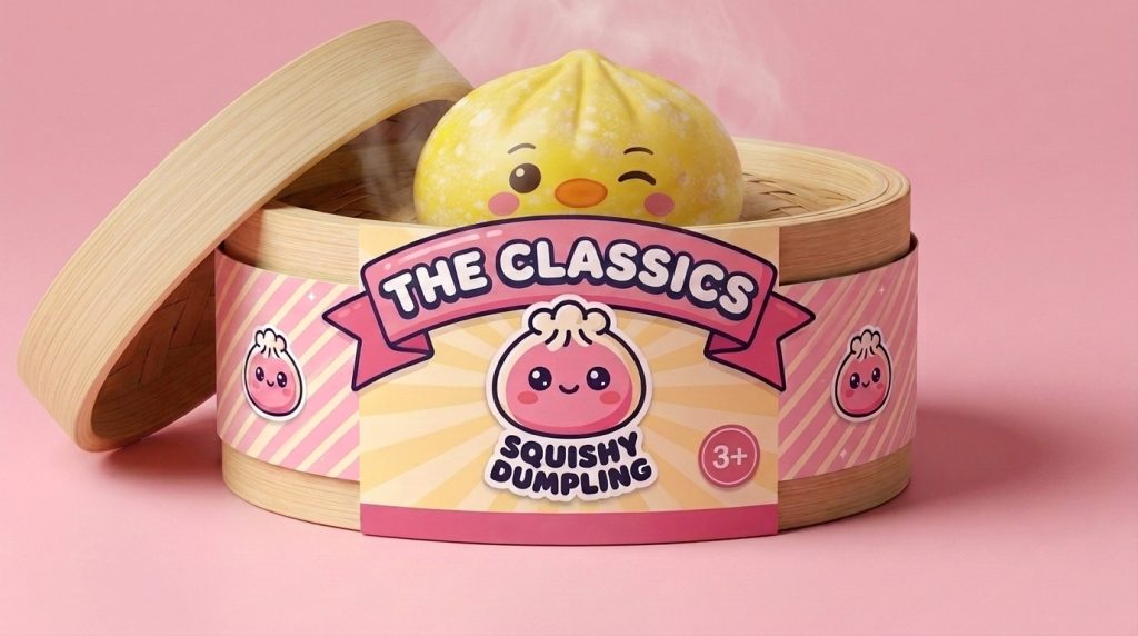 Buttercup Yellow Penguin Dumpling Squishy in its bamboo steamer box