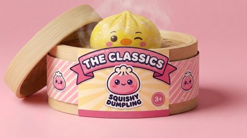 Buttercup Yellow Penguin Dumpling Squishy in its bamboo steamer box