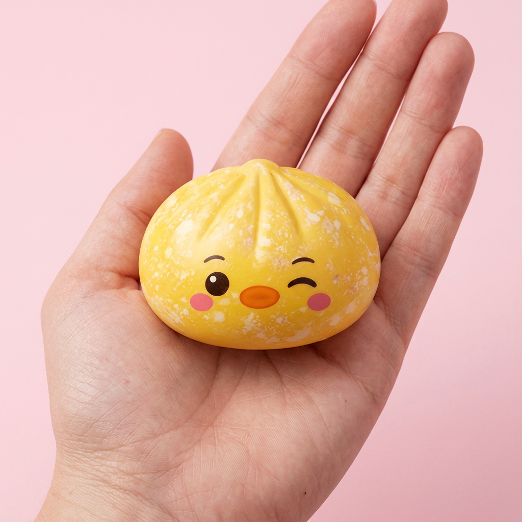 Buttercup Yellow Penguin Dumpling Squishy held in hand, actual size